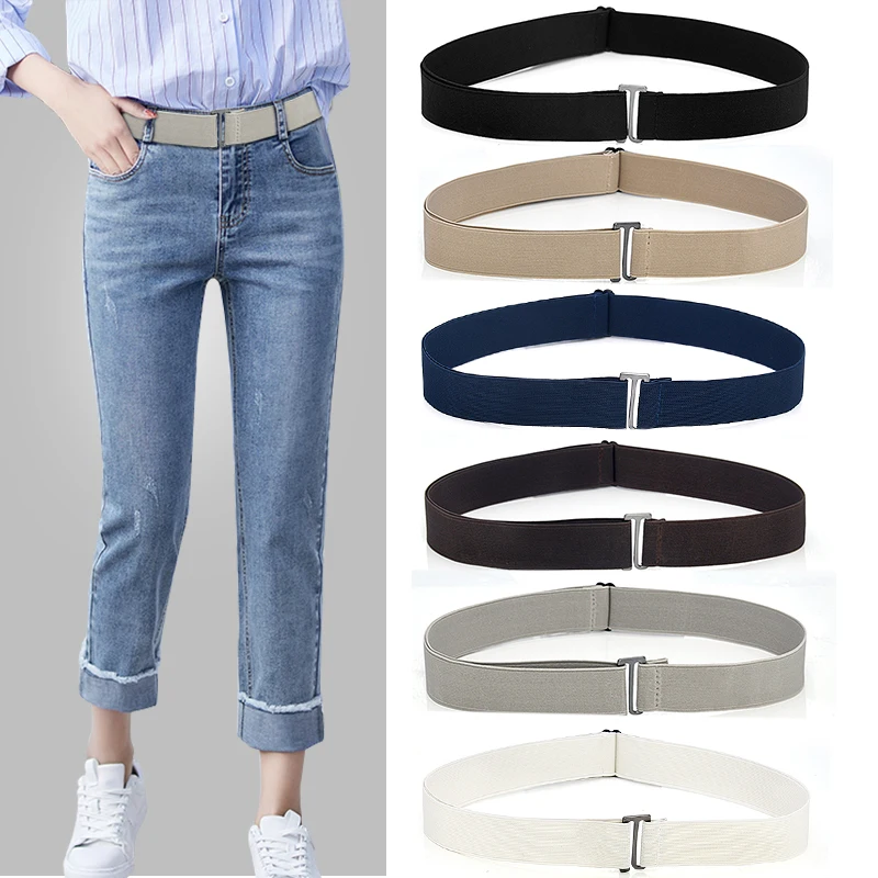 

Unisex Adjustable Size Elastic Band Elastic Stretch Waist Belts Flat Buckle Women Men Solid Color Soft Invisible Jeans Pant Belt