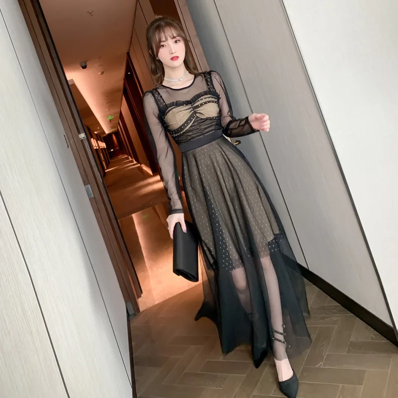 

Соблазнительное Сетчатое платье, офисное Женское зимнее однотонное платье-футляр из полиэстера, до колена, на молнии, Осень-зима 2020, черного...