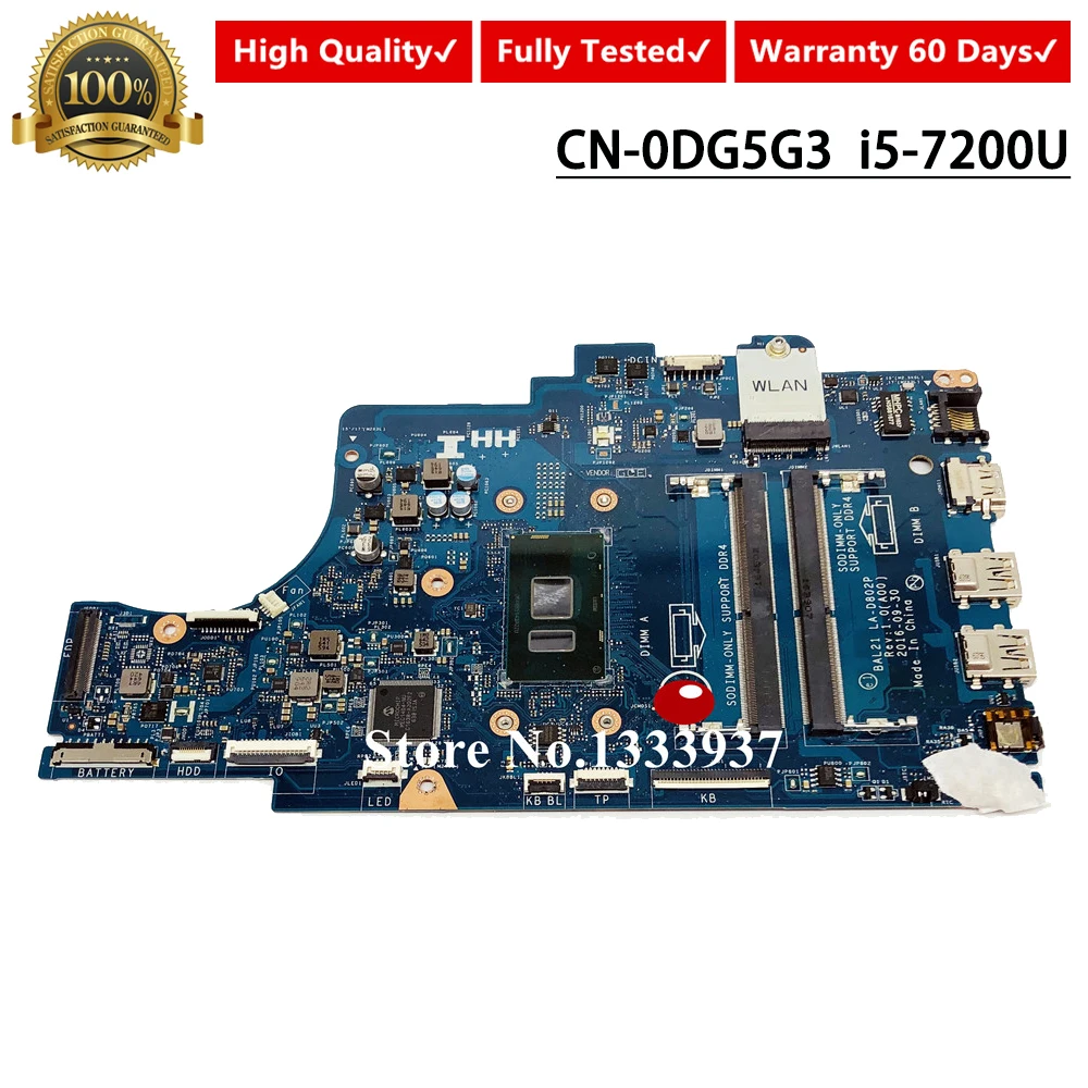BAL21 LA-D802P CN-0DG5G3 Mainboard FOR DELL Inspiron 15 5567 5767 Laptop Motherboard i5-7200U 0DG5G3 DG5G3 Tested
