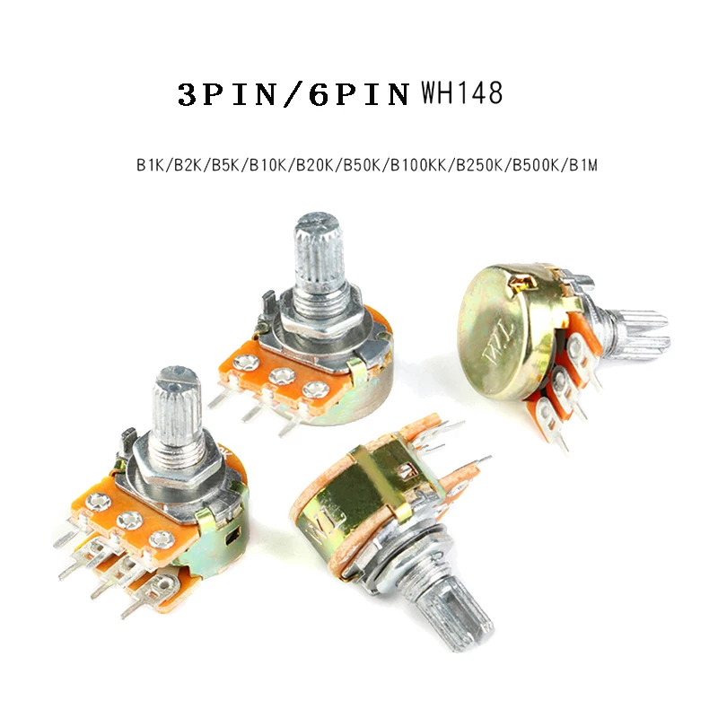 

5PCS WH148 Potentiometer 3Pin 6pin B1K B2K B5K B10K B20K B50K B100K B250K B500K B1M Shaft Amplifier Dual Stereo molewei 20/15mm