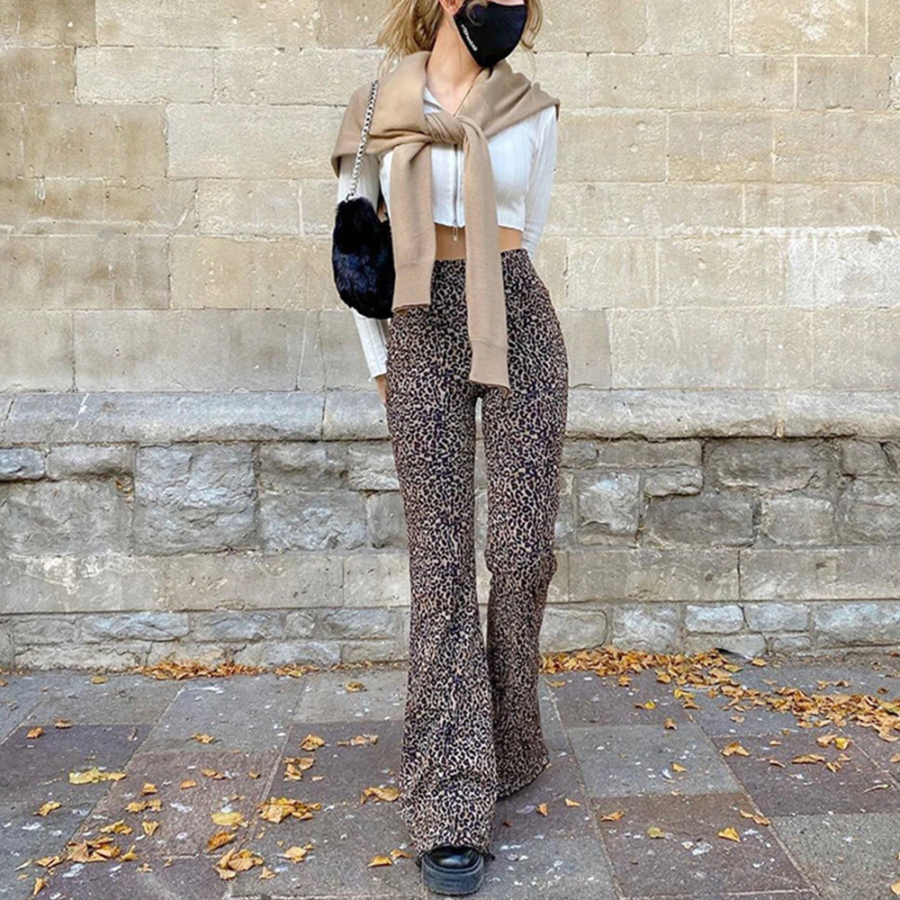 

Leopard Print Flare Pants Women High Waist Wide Leg Pants Vintage Long Trousers Streetwear