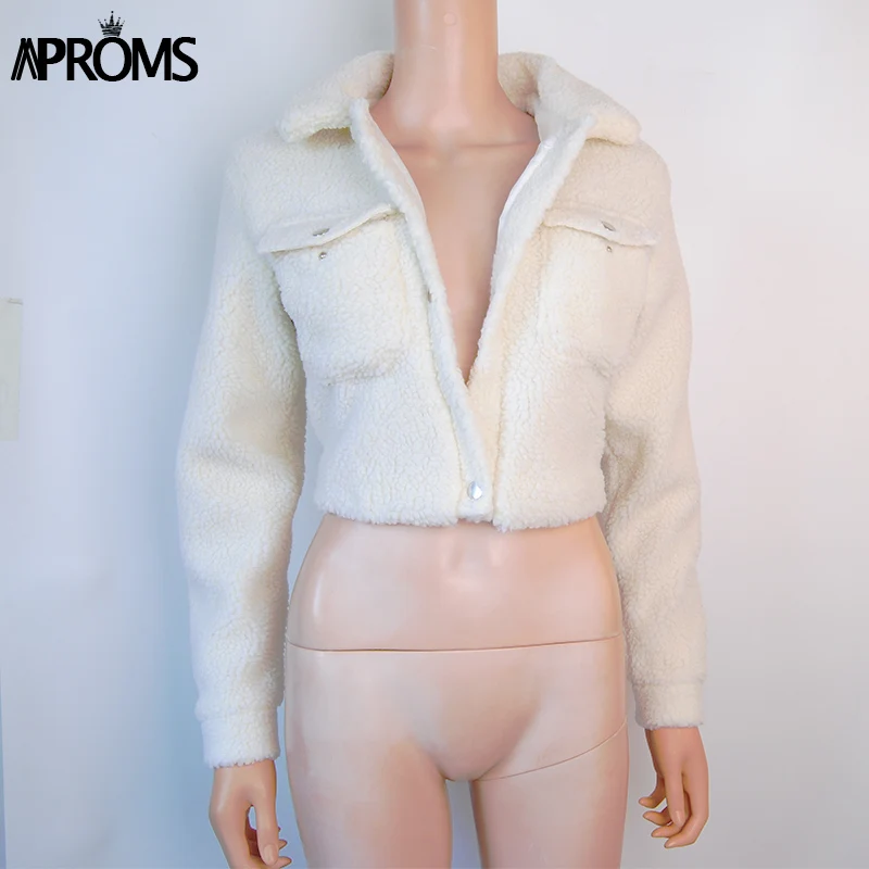 Aproms элегантная однотонная укороченная плюшевая куртка для женщин с передними