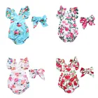 Детская одежда для новорожденных девочек с цветочным принтом; Футболки с короткими рукавами и круглым вырезом боди и повязка на голову с бантом; Комплект из 2 предметов для младенцев милый повседневный комплект летней одежды