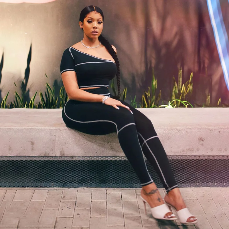 

Women'Set Sporty Fashion Active Wear Black Fitness Tracksuits One Shoulder 2 Piece Set Women Workout Crop Top And Leggings Sets