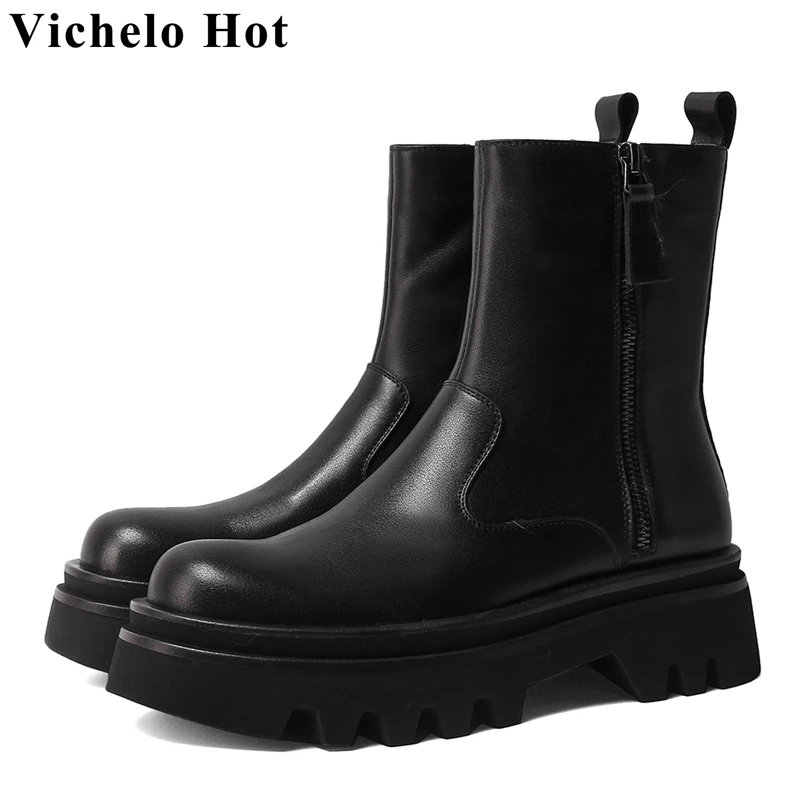 

Vichelo Hot breathable basic short boots full grain leather winter round toe platform thick med heels splicing ankle boots l27
