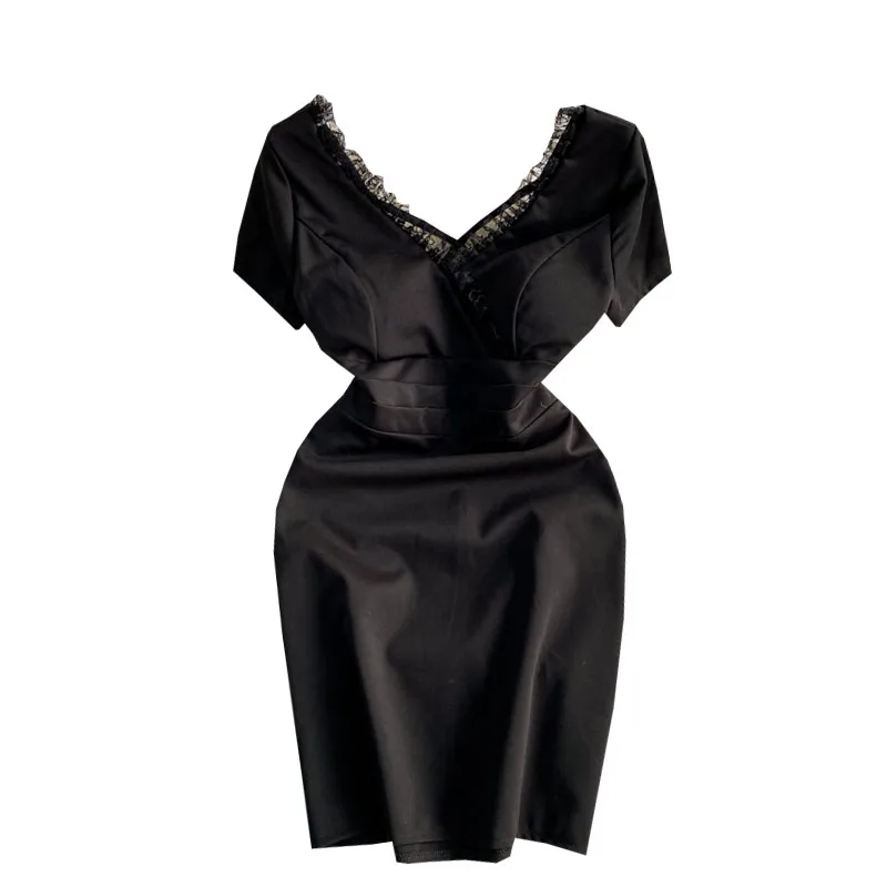 

The new package hip cross backless deep v-neck cultivate morality short show thin waist splicing lace velvet dress