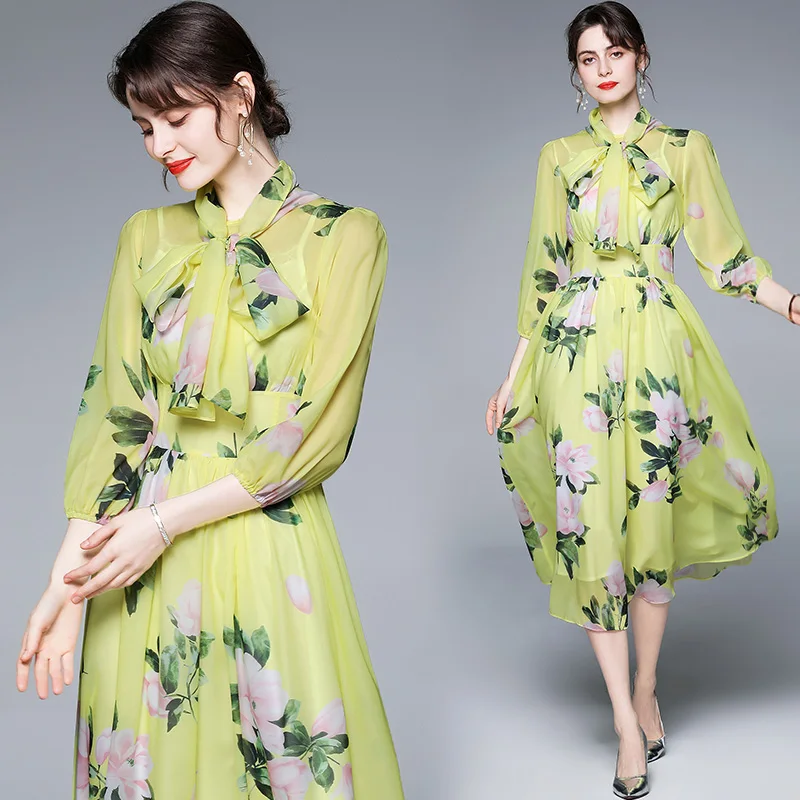 

New Women Chiffon Dress Summer 2021 Fashion Floral Print Empire Waist Cool Flowy Chiffon Long Dress Holiday Style Beach Dress