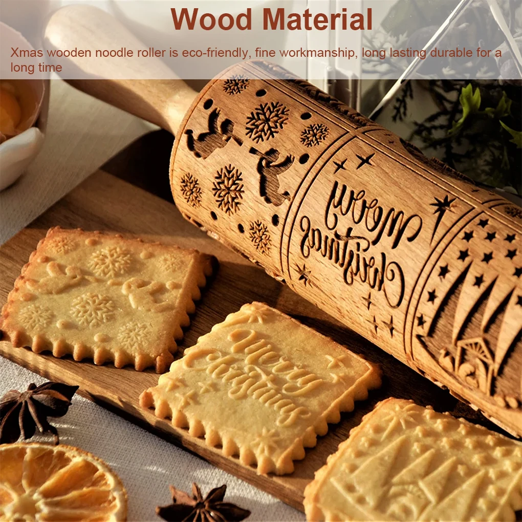 

Wooden Noodle Dough Roller Xmas Star Snowflake Printed Rolling Pin Christmas Biscuits Mold Stick Kitchen Tool
