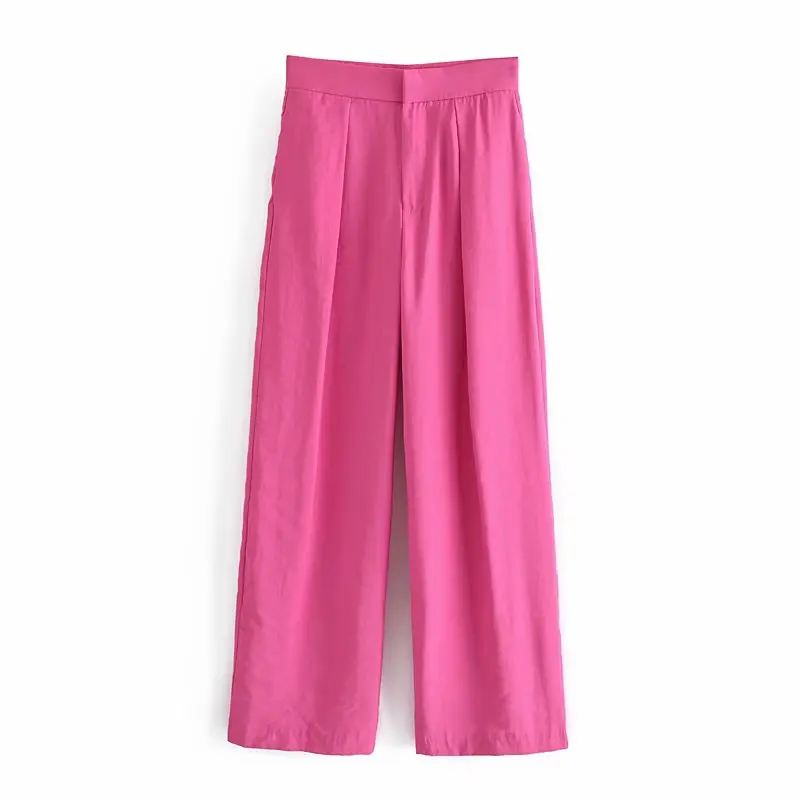 

TRAF Women 2021 Fashion Solid Color Casual Loose Wide Leg Pants Vintage Side Pockets Female Trousers Streetwear