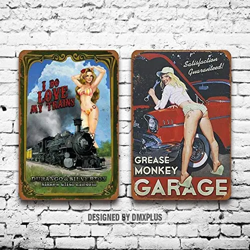 

Металлический знак (набор из 2) оловянные знаки PEI's Grease Monkey Garage Sexy Pinup Girl Vintage Look настенное украшение домашний декор табличка