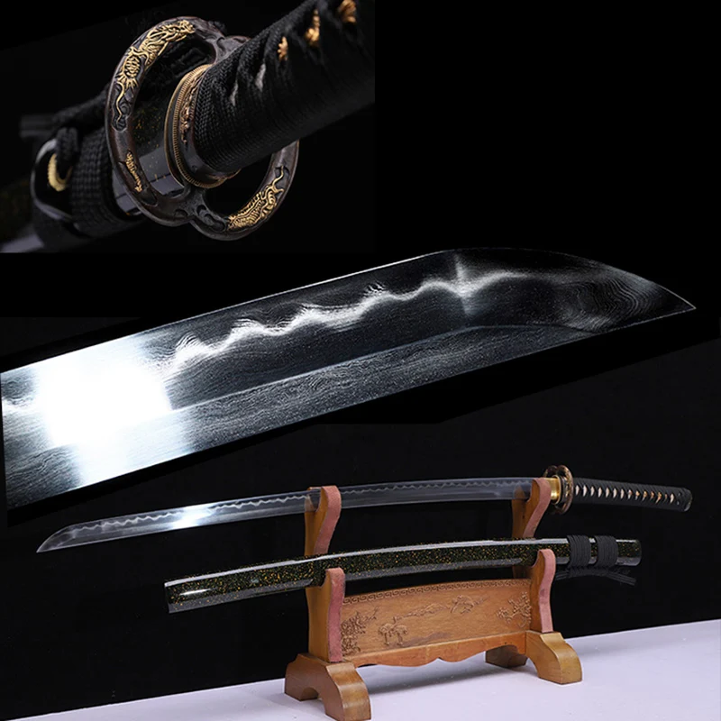 

Musashi Katana Folded Steel Cay Tempered Blade Gold Plated Copper Tsuba Real Hamon Handmade Japanese Samurai Sword