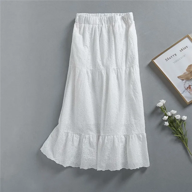 

Skirt Women Cotton High Waist Embroidery Summer Skirt Woman Fashion Elastic Waist White Skirts 2021 Openwork Embroidered Midi