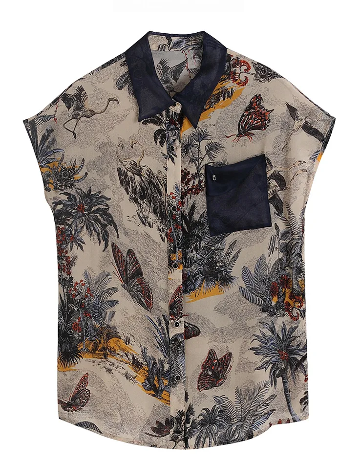 

Silk top women's 2021 summer new loose retro printed short sleeve shirt