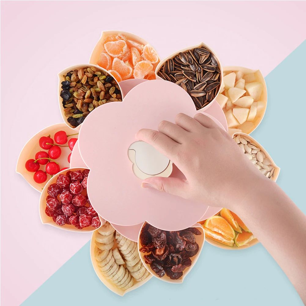 

ABS Party Rotating Snack Serving Tray Petal-Shaped Storage Organizer Anti-slip Sectional Dried Fruit Double-deck Candy Nut Box