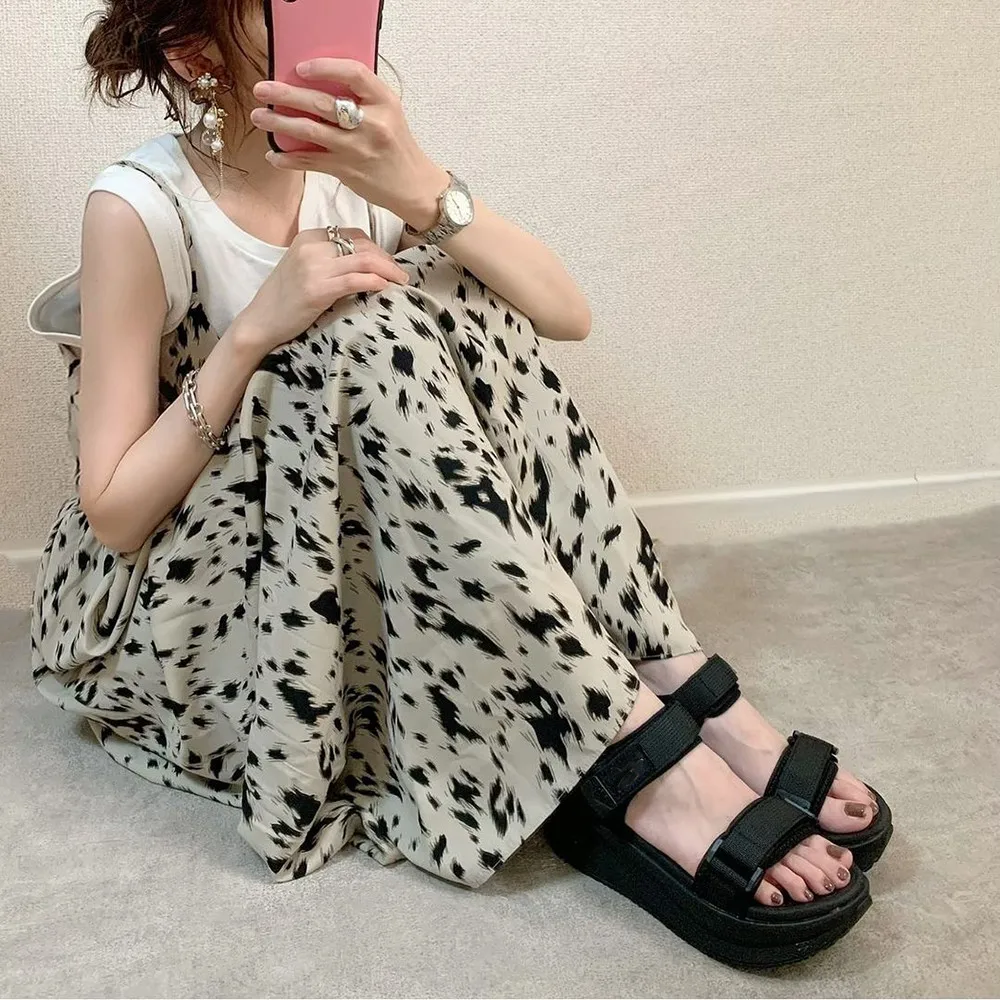 

Strap Dress Leopard Light Khaki Color Spaghetti Strap Pullover A-Line Casual Vintage Print 2021 New Style Summer Women Clothes