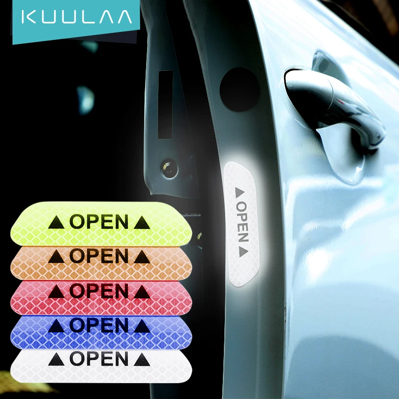 

KUULAA 4Pcs Car Stickers Door Sticker Decal Warning Tape Car Reflective Stickers Reflective Strips Car-styling Safety Mark