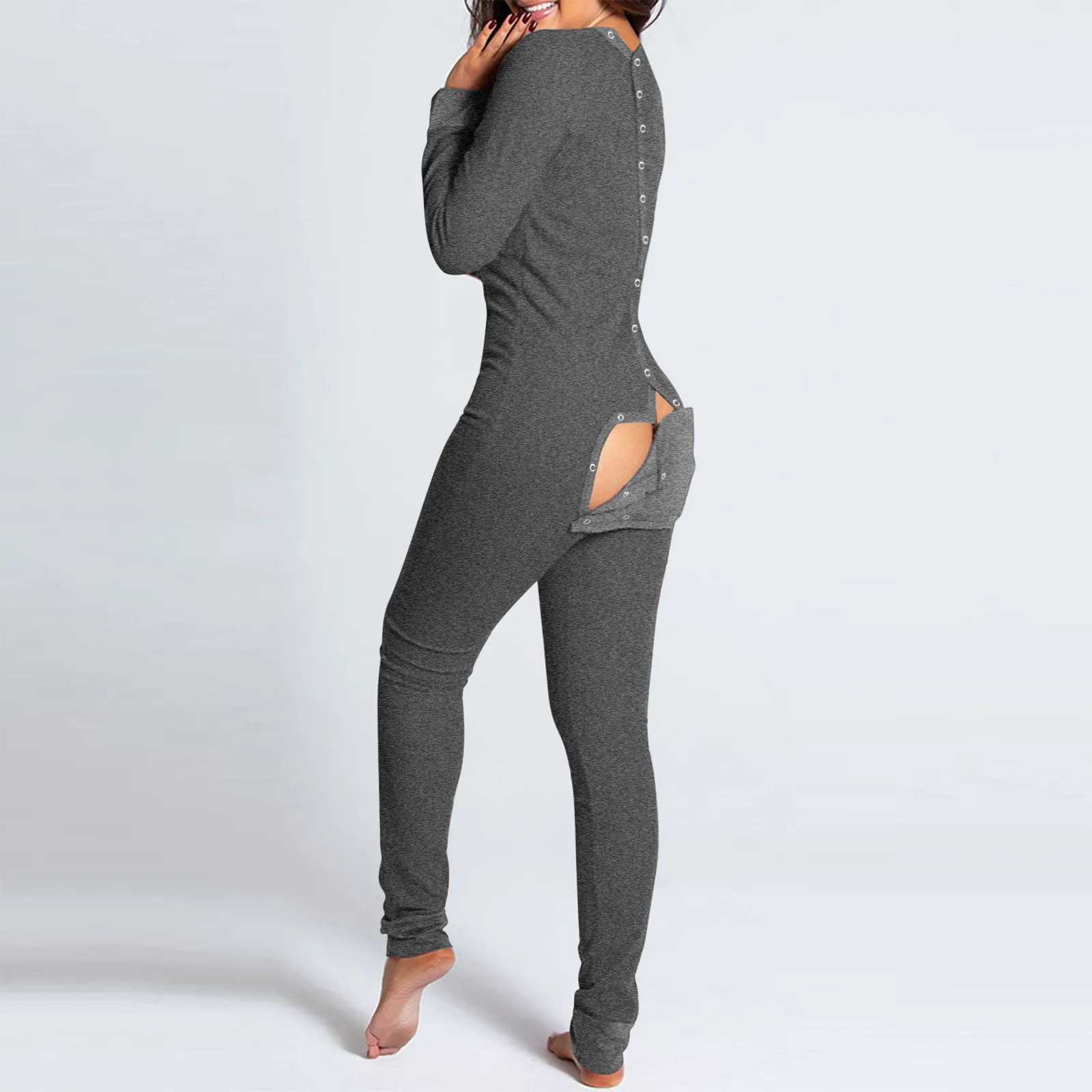 

Womens One-Piece Pajamas Fashion Solid Long Sleeve Sexy Functional Buttoned Flap Jumpsuit Long Pant Rompers Sleepwear J60