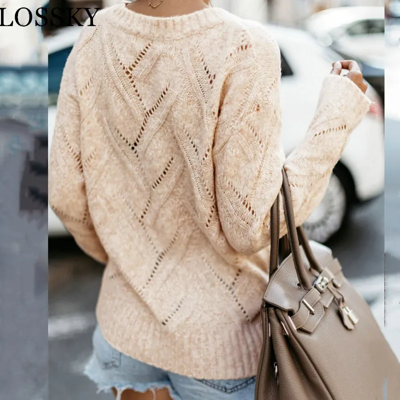 

Women Sexy Hollow Out Pink Sweater Casual Long Sleeve Pullover Autumn Winter Pull Femme Nouveaute 2019 Sweater Top Jersey Mujer
