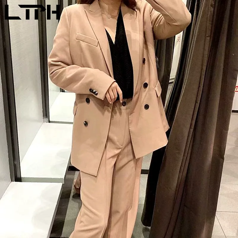 LTPH camel-Chaqueta vintage de doble botonadura para mujer, trajes de negocios informales, conjunto de 2 piezas, conjuntos de pantalones de cintura alta, primavera 2021