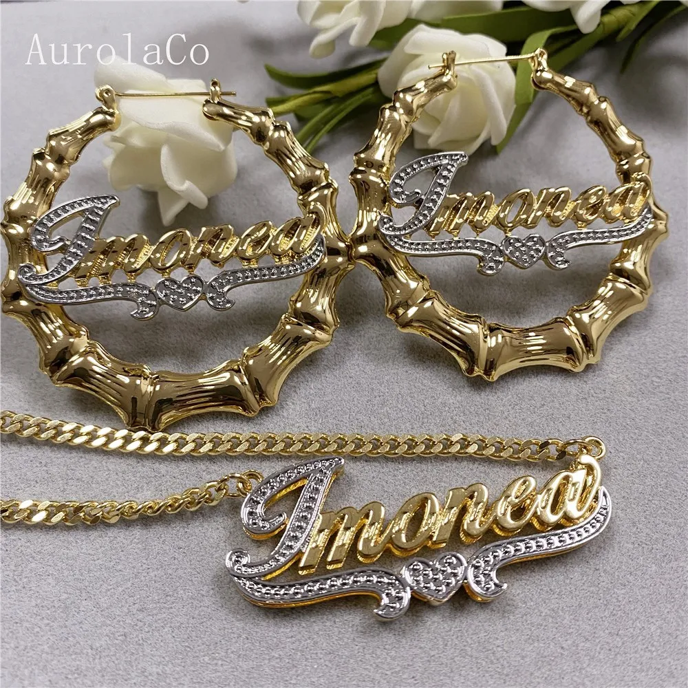 AurolaCo Custom Name Jewelry Set Custom 3D Double Nameplate Necklace Custom Name Earrings Gold Round Earrings Holiday Gifts