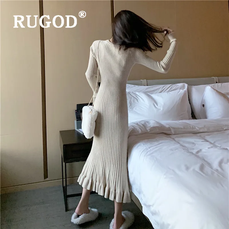 RUGOD 2019 Новое Осеннее однотонное теплое вязаное платье с круглым вырезом