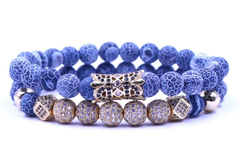 

8mm 2PCS/Set gold hbnh43 elastic adjusted nature grey weathering agate micro pave cz zircon cubic zirconia tube Bracelet