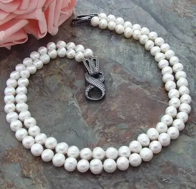 

Charming 2row 9-10mm White Pearl Necklace CZ Clasp