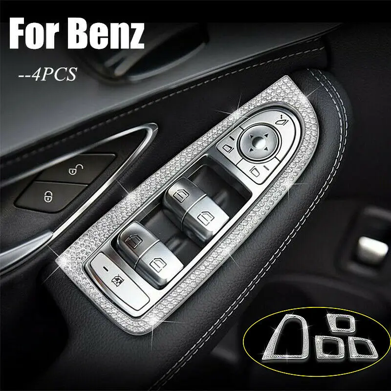 

4pcs Diamond Car Window Lifting Button Frame Panel Sticker Decal For Benz New C Class