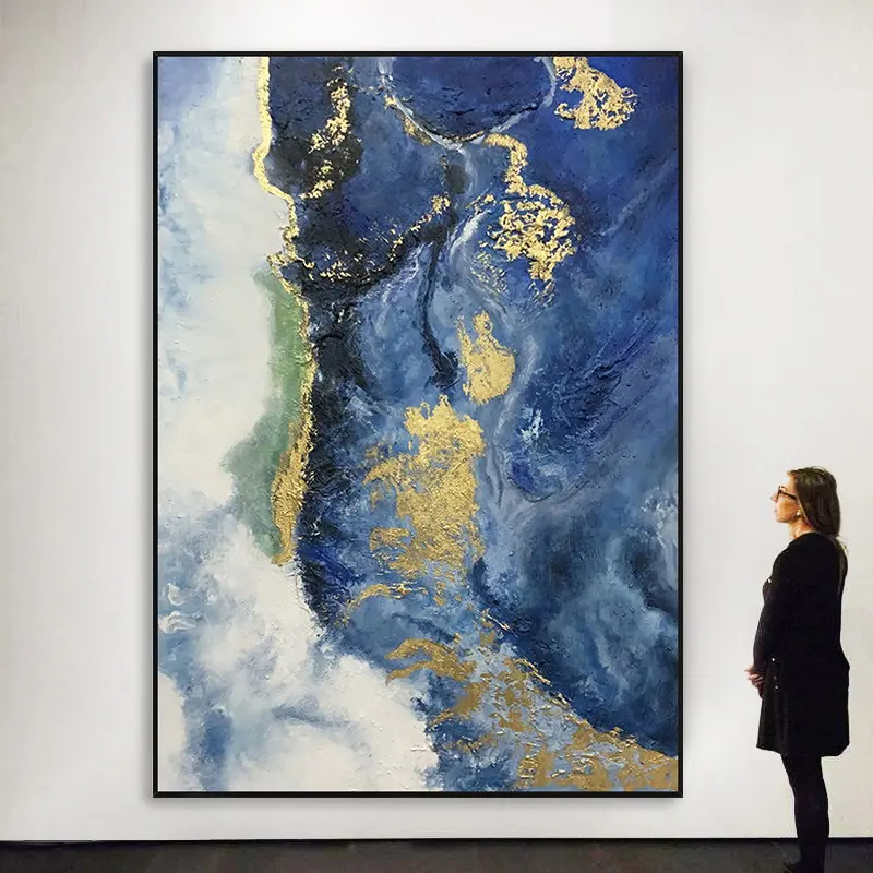 

Star Sky Blue Sea View Hand Made Abstract Gold Oil Painting for Living Room Modern Painting Wall Decor Picture No Frame