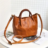 retro art female bag japanese soft genuine leather handbag vegetable tanned leather simple shoulder messenger bucket bag