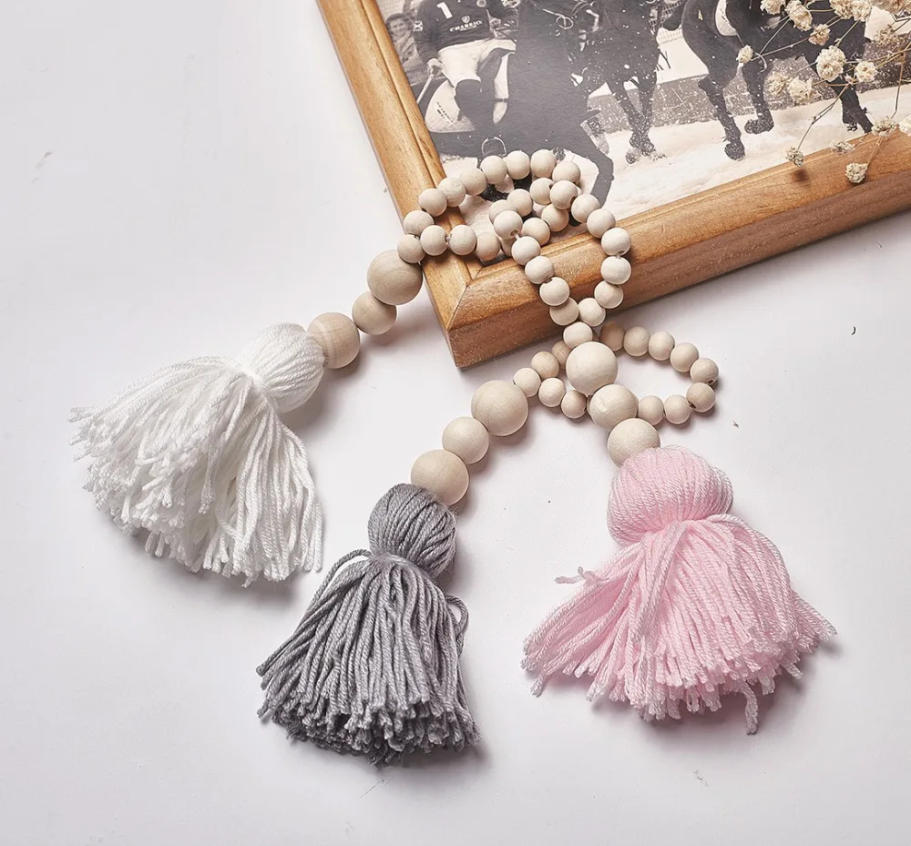 Деревянные бусины гирлянда с шариковыми кисточками подарочное украшение