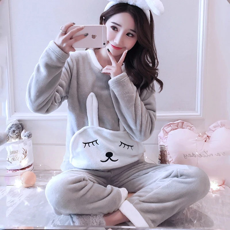 pajamas Зимние теплые пижамы для женщин с длинным рукавом, толстые коралловые бархатные пижамные комплекты, цветочные фланелевые бархатные пижамы Feminino Pijama Mujer - Цвет: pajamas