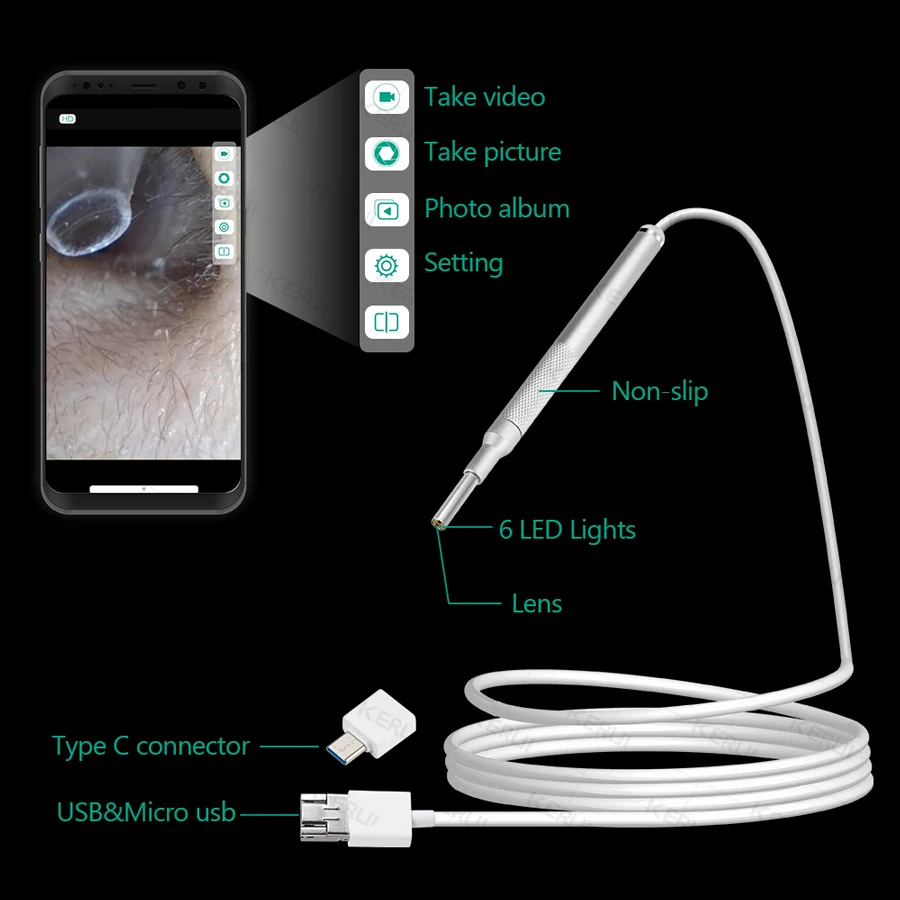 Камера-Эндоскоп KERUI 480P Otoscope HD 3 9 мм USB IP67 водонепроницаемая для чистки ушей