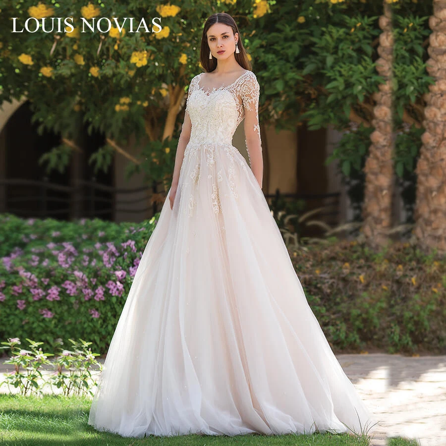 

Louis Novias Ball Gown Wedding Dress Invisible Neckline Appliques Beading Princess Illusion Organza with Embroidery