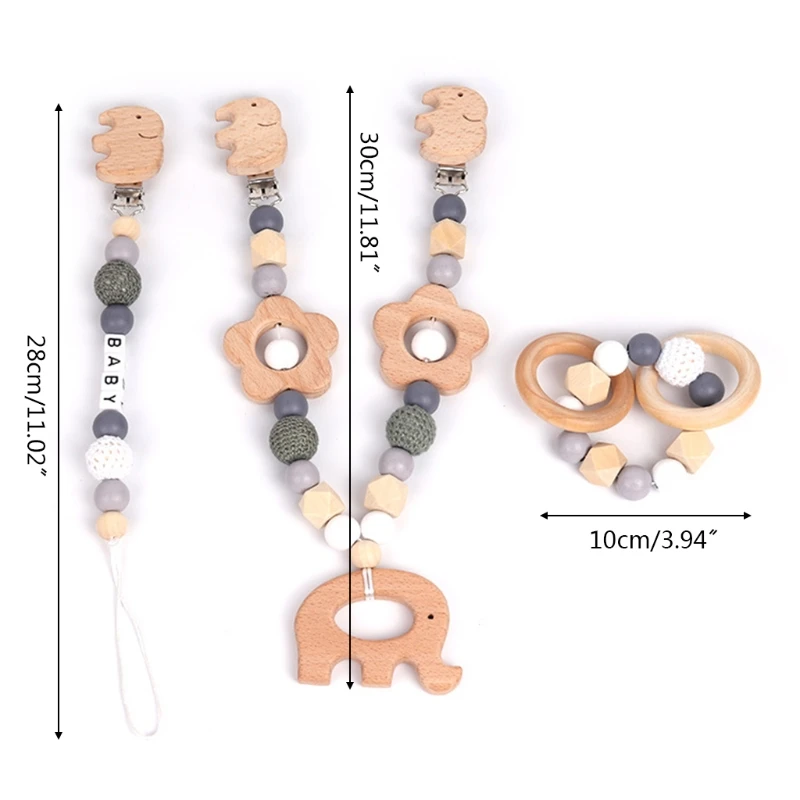 

3 Pcs/Set Baby Nursing Chewing Toys Shower Gifts Pram Pendant Rattle Pacifier Chain Clip Bracelet Infants Wooden Teether