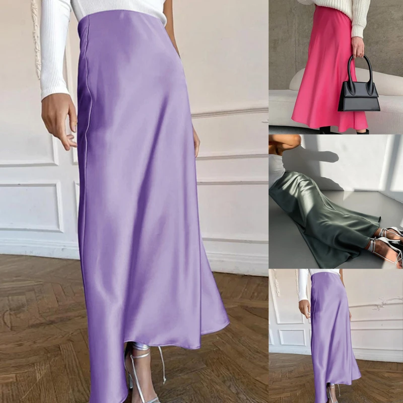 

Silk Women Skirt Soft Trumpet 2021 Fashion Summer High Waist Solid Party Casual Satin Female Skirts Office Lady Skirts