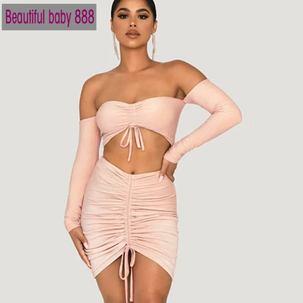 

Meqeiss New Drawstring Ruched Matching Sets Party Club Off Shoulder Glitter Long Sleeve Sexy Crop Tops and Skirts 2 Piece Set