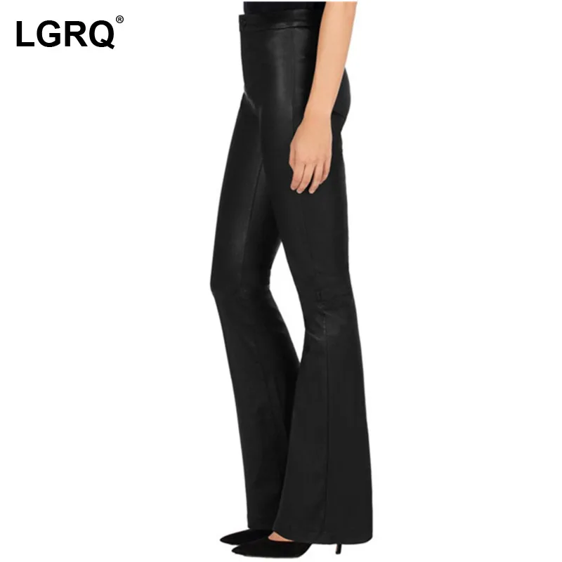 

[LGRQ] Women Fashion Tight-fitting Button Fly PU Leather Washed High Stretch Waist Flared Pants 2021 New Autumn Winter 7E2999
