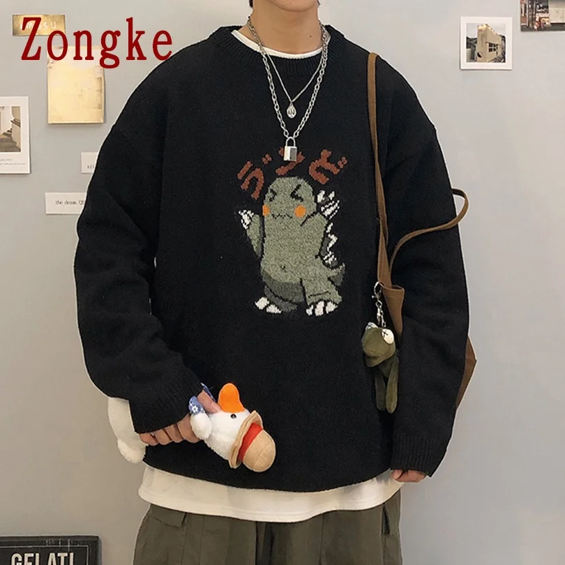 

Zongke Black Knitted Sweater Men Winter Mens Clothes Pullover Mens Sweaters Harajuku Sweater Little Monster Print 2021 M-3XL
