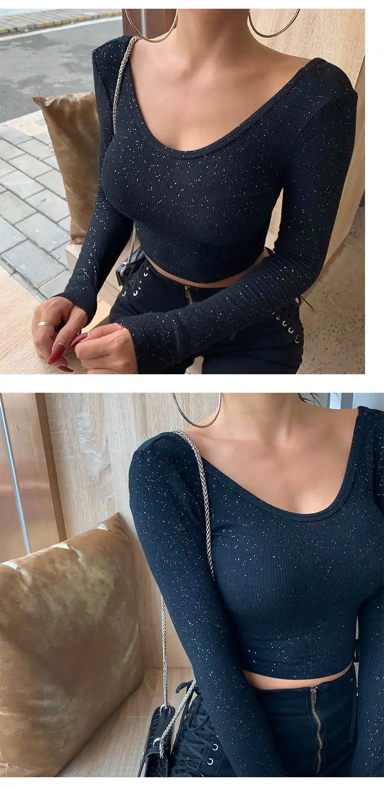XIBANI Sexy low chest open back top women long sleeve tight bottoming shirt autumn shining nightclub clothing women short black
