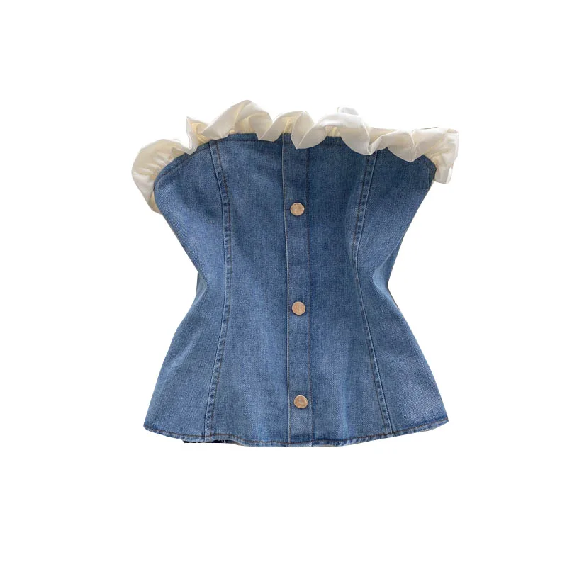 

Retro Denim Strapless Blouse Women Sexy Sleeveless Backless Ruched Slim Tops Summer Korean Off Shoulder Short Blouses