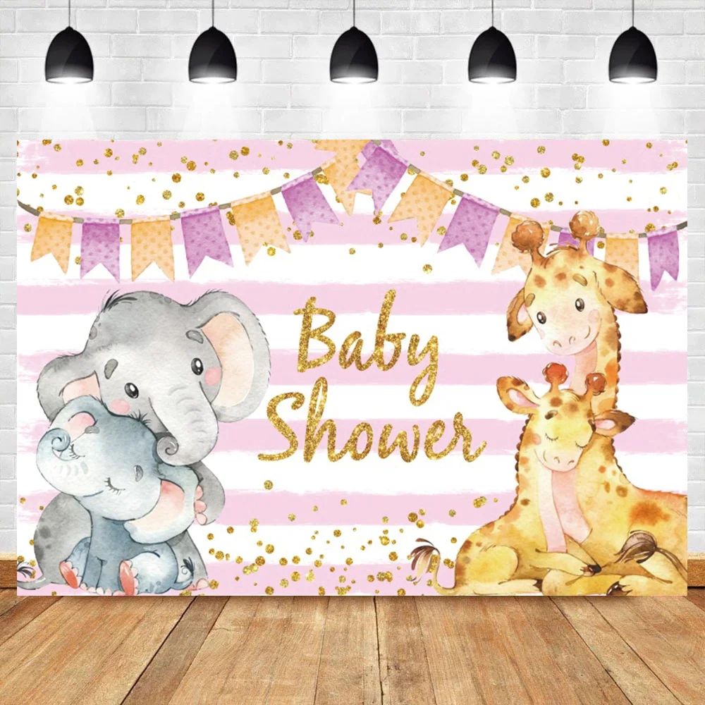 

Laeacco Baby Shower Elephant Giraffe Backdrop For Photography Pink Stripe Gold Polka Dots Child Portrait Photocall Backgrounds