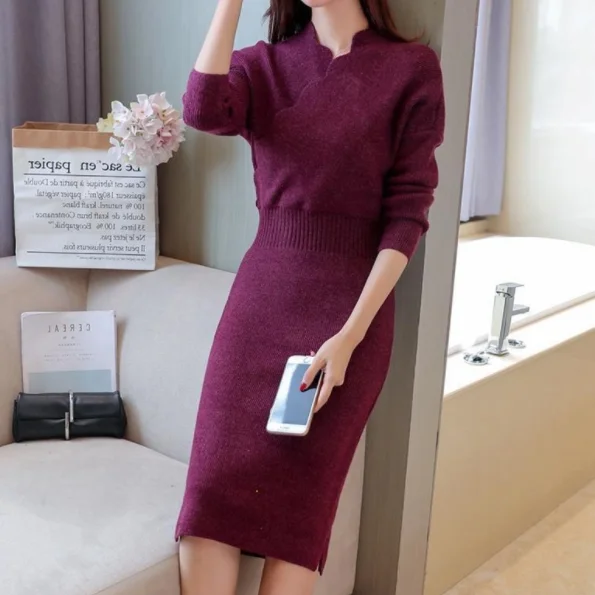 utumn Winter Knitted Sweater Dress Women Long Sleeve Pullover Pull Femme Knitwear Elegant Ladies Bodycon AQ859 | Женская одежда