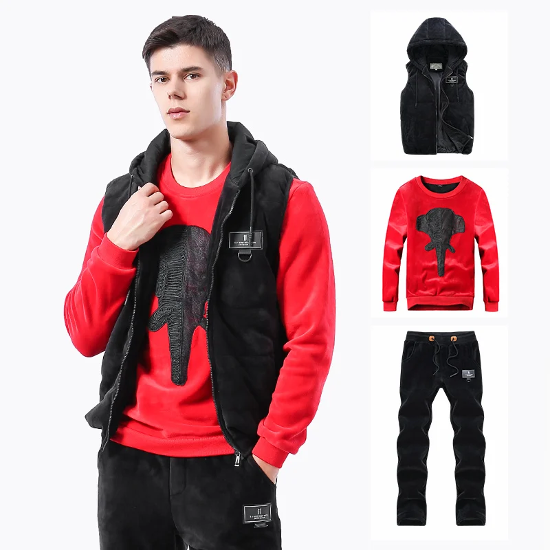 Мужской теплый спортивный костюм со слоном зимний жилет с капюшоном из 3
