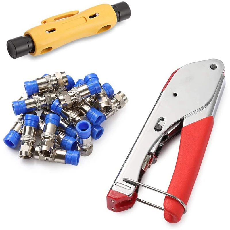 Комплект для обжима коаксиального кабеля Coax Cable Crimper с жгутом из 20 штук разъемов F RG6, двусторонним снятием изоляции для RG7/11.