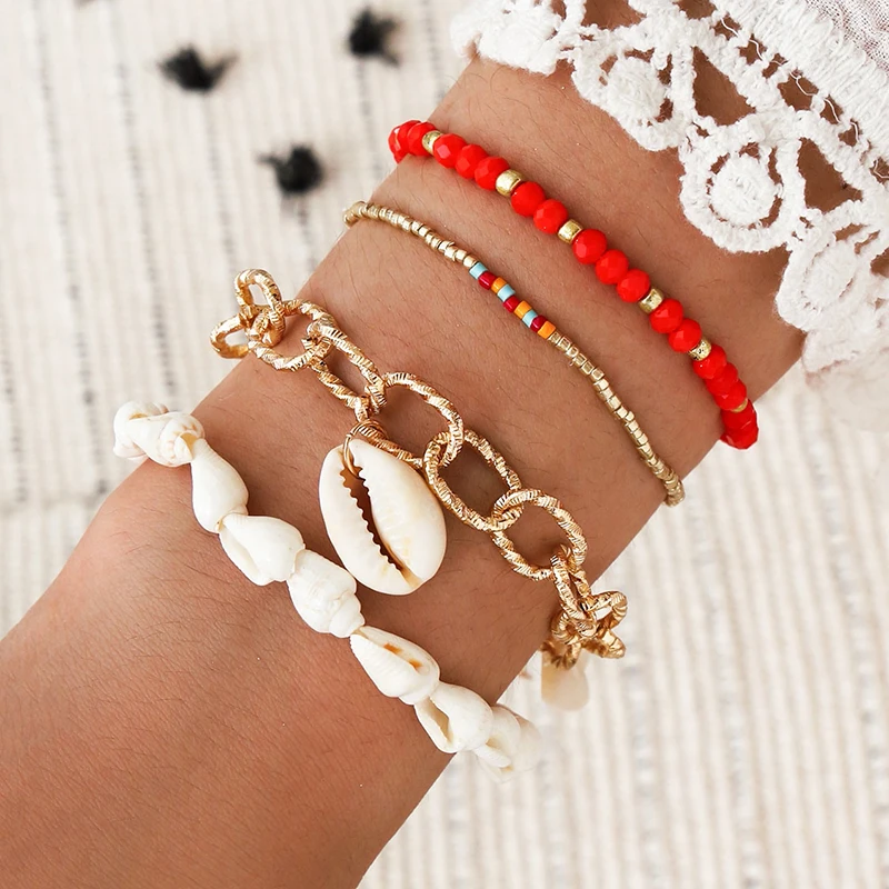 

Aprilwell 4 PCs Boho Beads Shell Chain Bracelet Sets Female Overstate Gold Color Wrist Chain Armband Jewelry Gift E Girl Friend