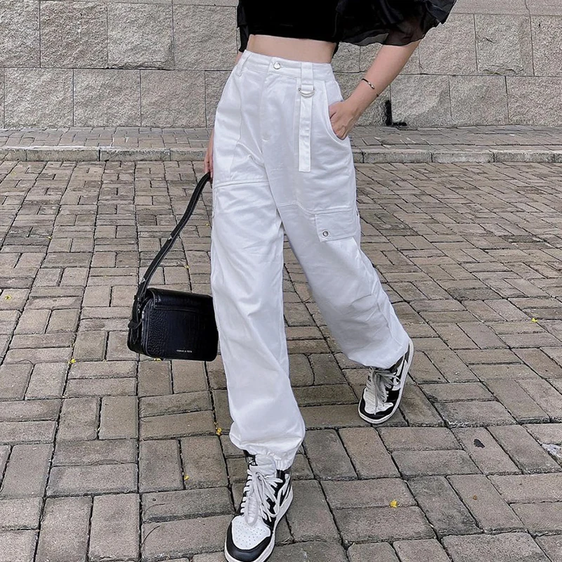 

Darlingaga Streetwear White Loose Cargo Pants Korean Fashion Solid High Waist Female Trousers Pockets Pencil Pants Joggers Baggy