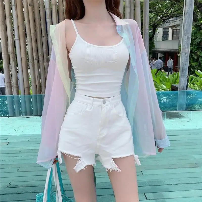 

Rainbow sunscreen shirt female design sense niche long-sleeved shirt spring autumn2021 newfashion all-match thin top trend