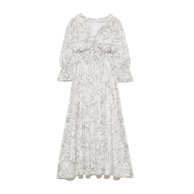 

V Neck Long Sleeve Slim Pullover Dress Women Vintage Print High Waist Hip A Line Long Vestidos Spring 2021 New Robe FS058