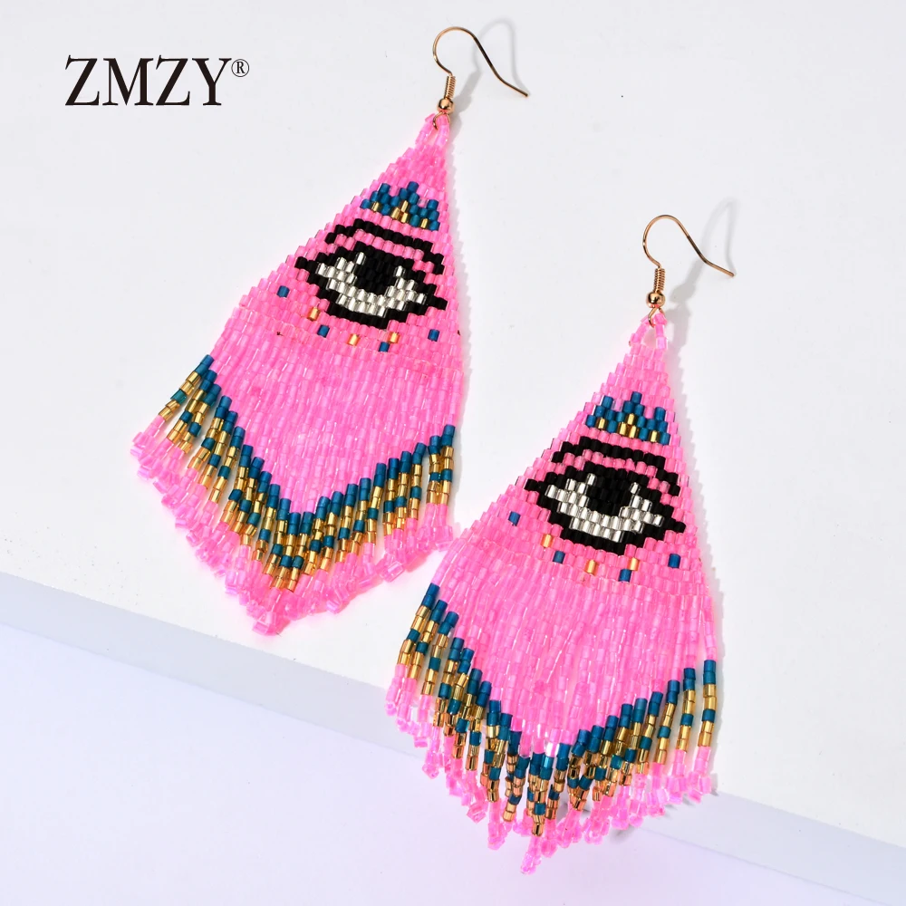 Женские богемные сережки подвески ZMZY большие длинные дурной глаз с плетеными